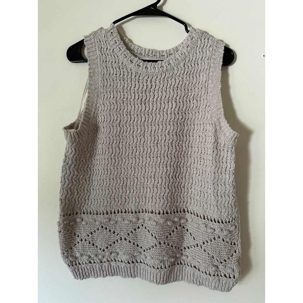 Crochet Womens Textured Knit Sweater Vest Medium Greige Pointelle Bobble Hem
